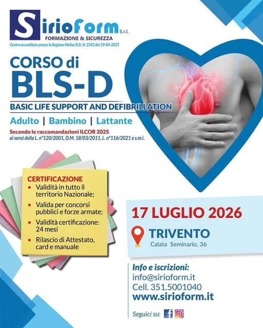 Locandina del corso BLSD del 17 luglio 2026 a Trivento organizzato da SirioForm